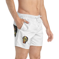 INFECTED.  Skull Patch Swim Trunks — Abstract Neon Skull Beach Shorts