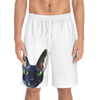 MR Cat Board Shorts — Men's Swim Trunks with Green-Eyed Cat Graphic