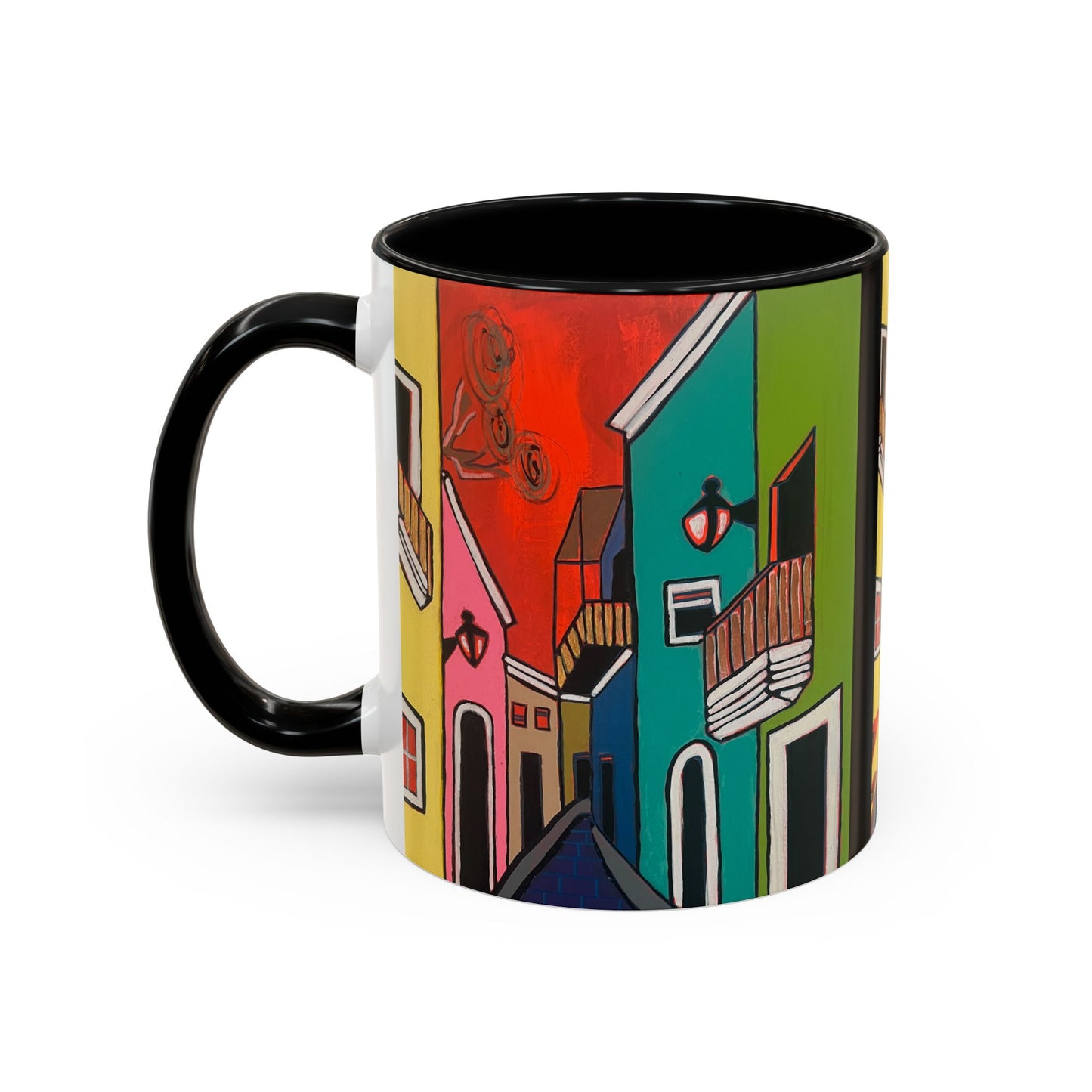 SAN SEBASTIAN.  Colorful Street Scene Accent Coffee Mug — Vibrant Urban Art Ceramic Mug (11/15oz)
