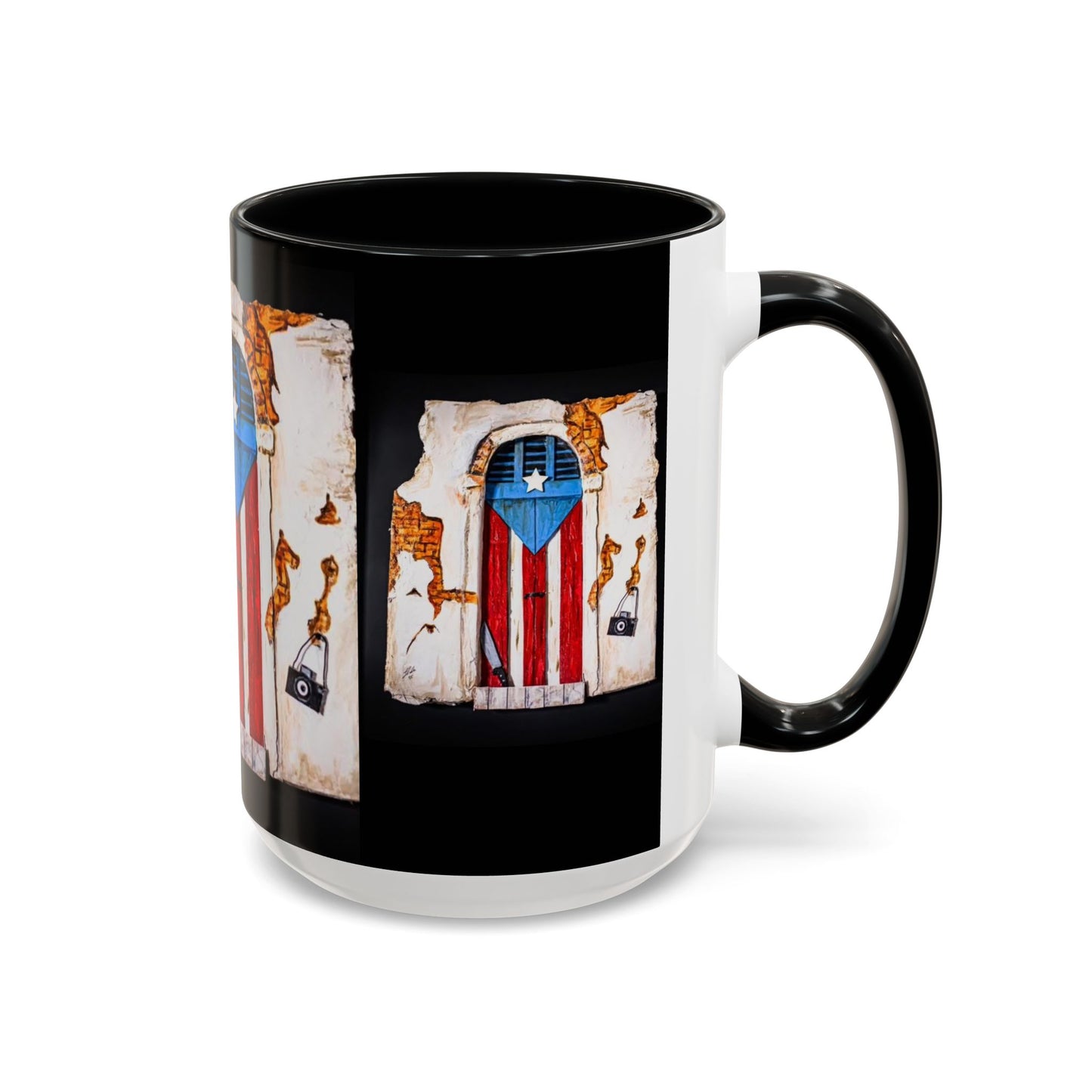 Puerto Rico Flag Door Accent Coffee Mug — Vintage Rustic Boricua Pride (11/15oz)