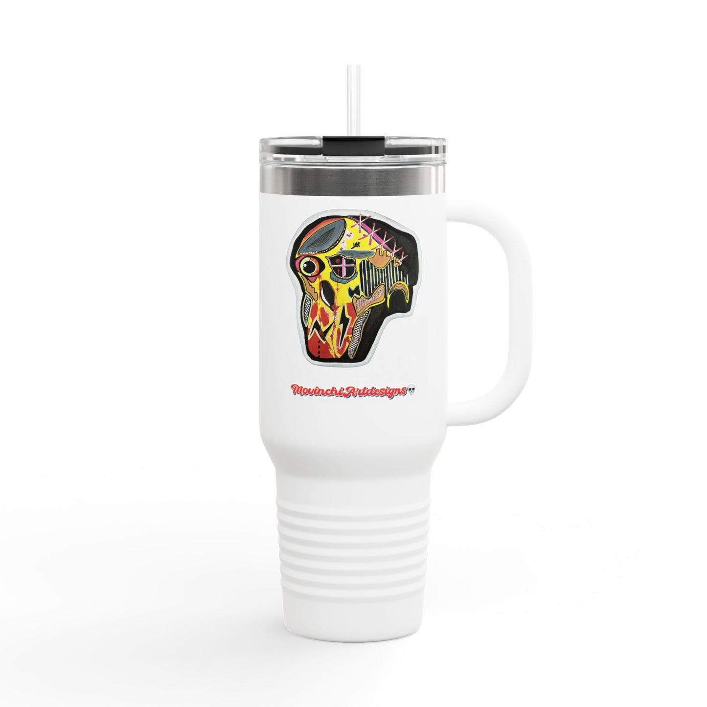 MOVINCHIARTDESIGNS.  40oz Insulated Travel Mug — Colorful Abstract Skull Design, Spill‑Resistant Tumbler