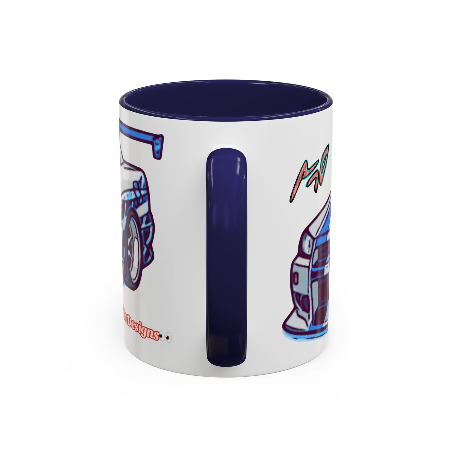 Racing Skyline Accent Coffee Mug — White & Blue Sports Car Illustration (11/15oz)