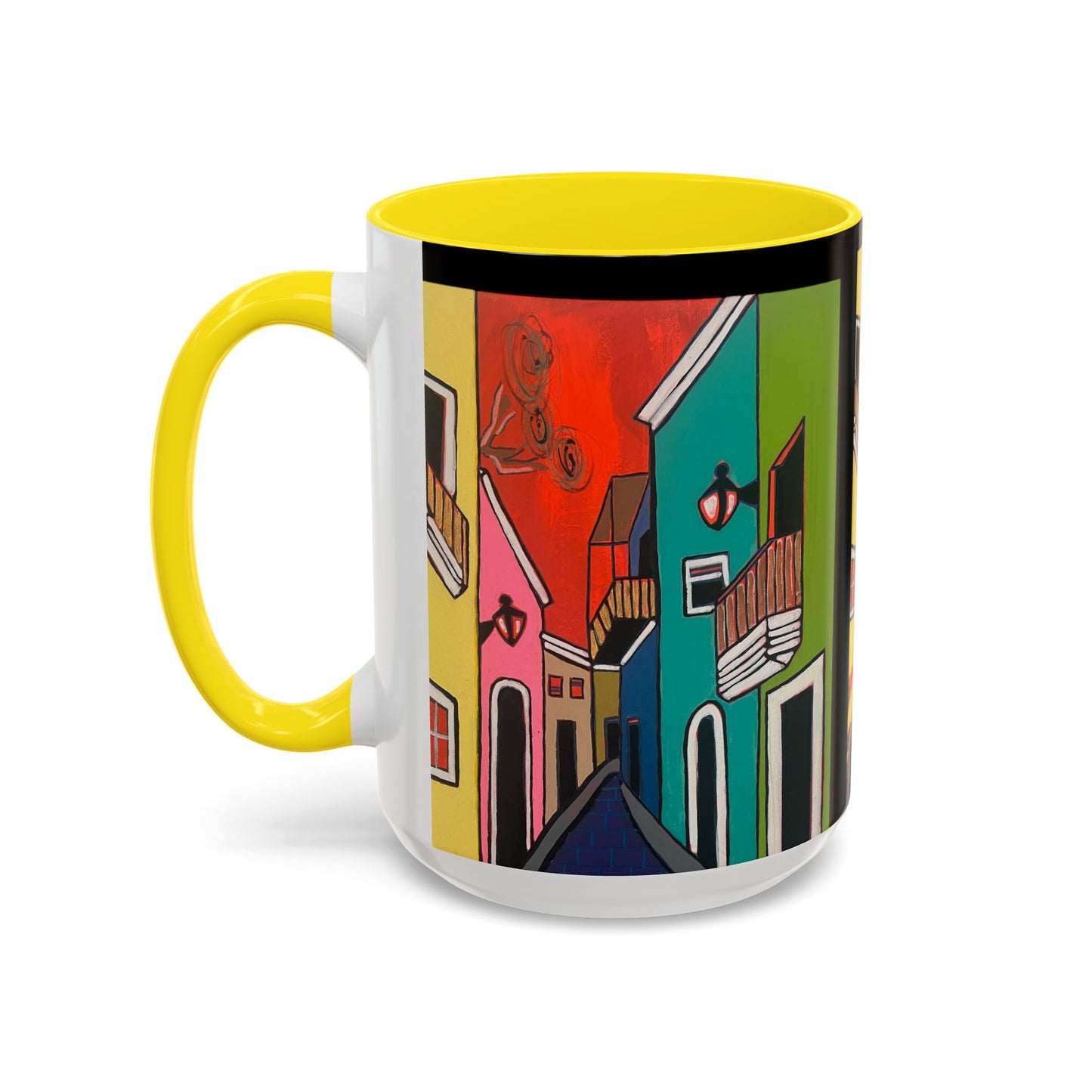 SAN SEBASTIAN.  Colorful Street Scene Accent Coffee Mug — Vibrant Urban Art Ceramic Mug (11/15oz)