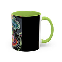 Colorful Neon OVERTHINKING  Skull Coffee Mug — Vibrant Abstract Day of the Dead Accent Mug