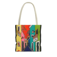 SAN SEBASTIAN.  Colorful Street Art Tote Bag – Vibrant Cityscape AOP Tote