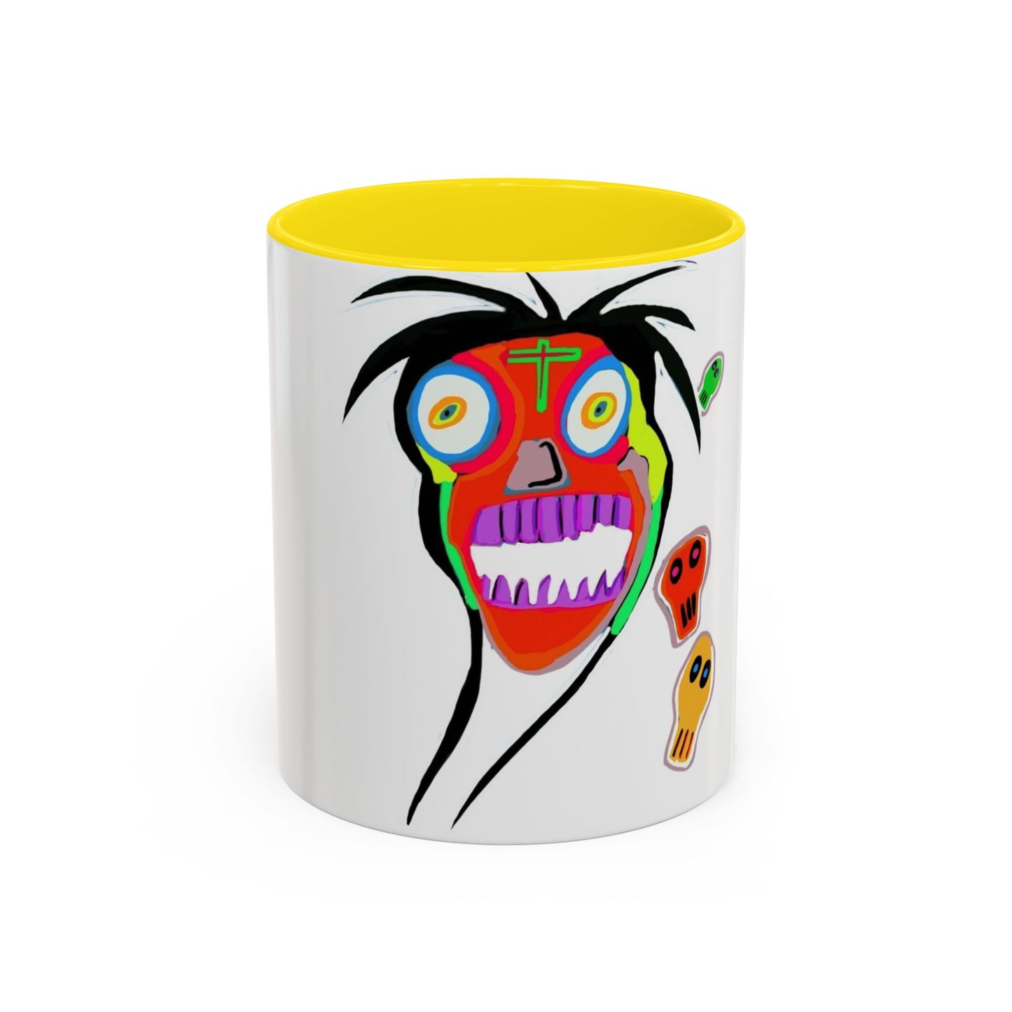 Colorful Tribal Mask Coffee Mug — Vibrant Skull Art Accent Mug (11/15oz)