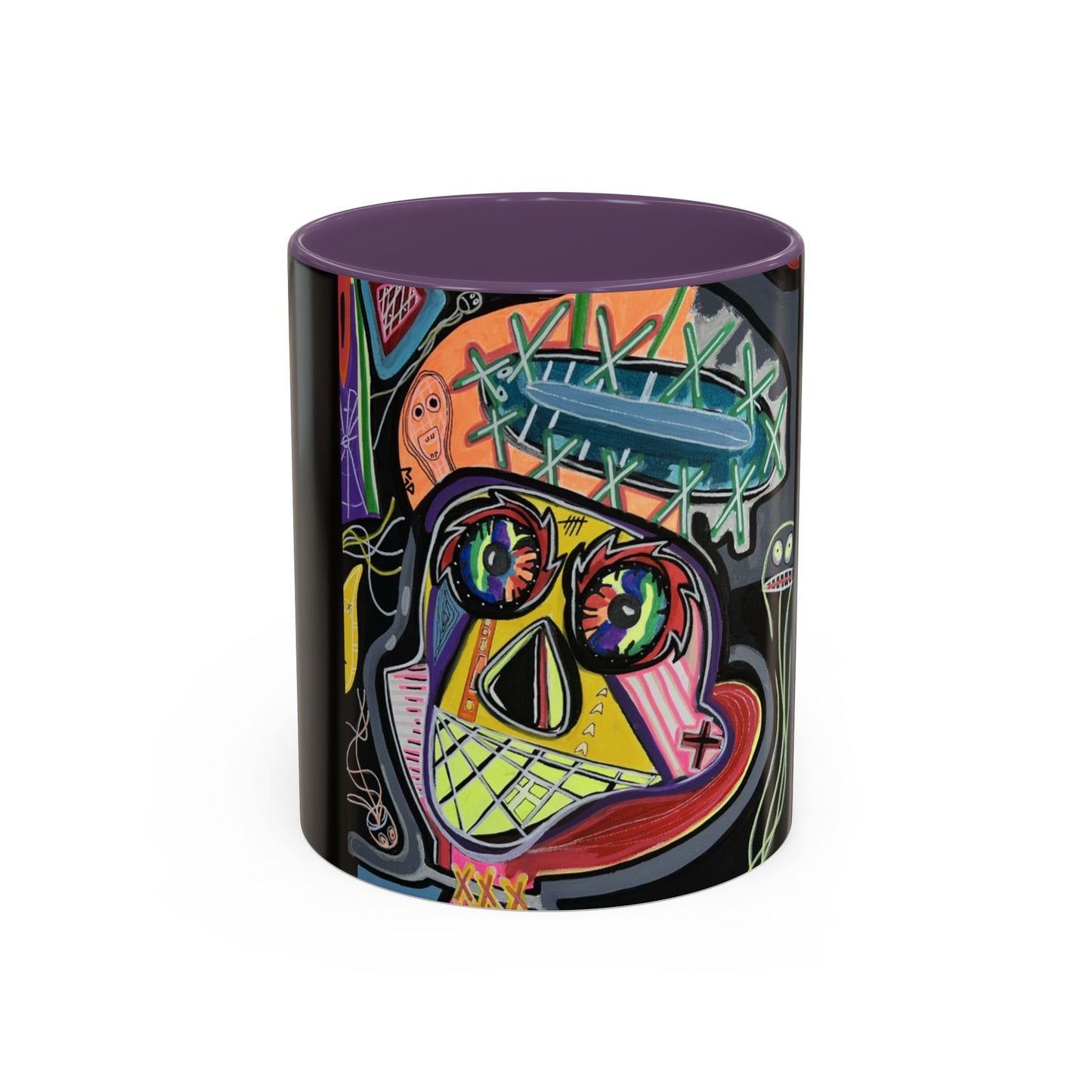 Colorful Neon OVERTHINKING  Skull Coffee Mug — Vibrant Abstract Day of the Dead Accent Mug