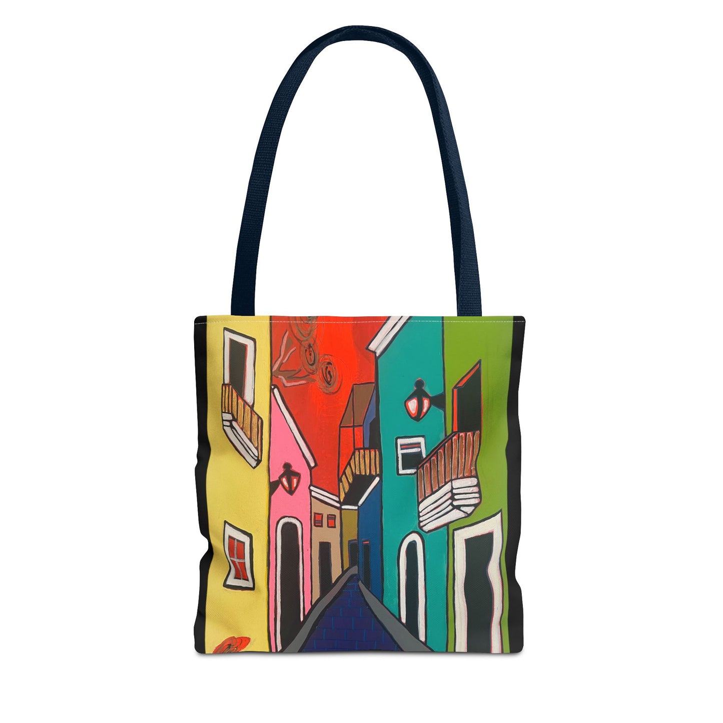 SAN SEBASTIAN.  Colorful Street Art Tote Bag – Vibrant Cityscape AOP Tote