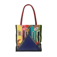 SAN SEBASTIAN.  Colorful Street Art Tote Bag – Vibrant Cityscape AOP Tote