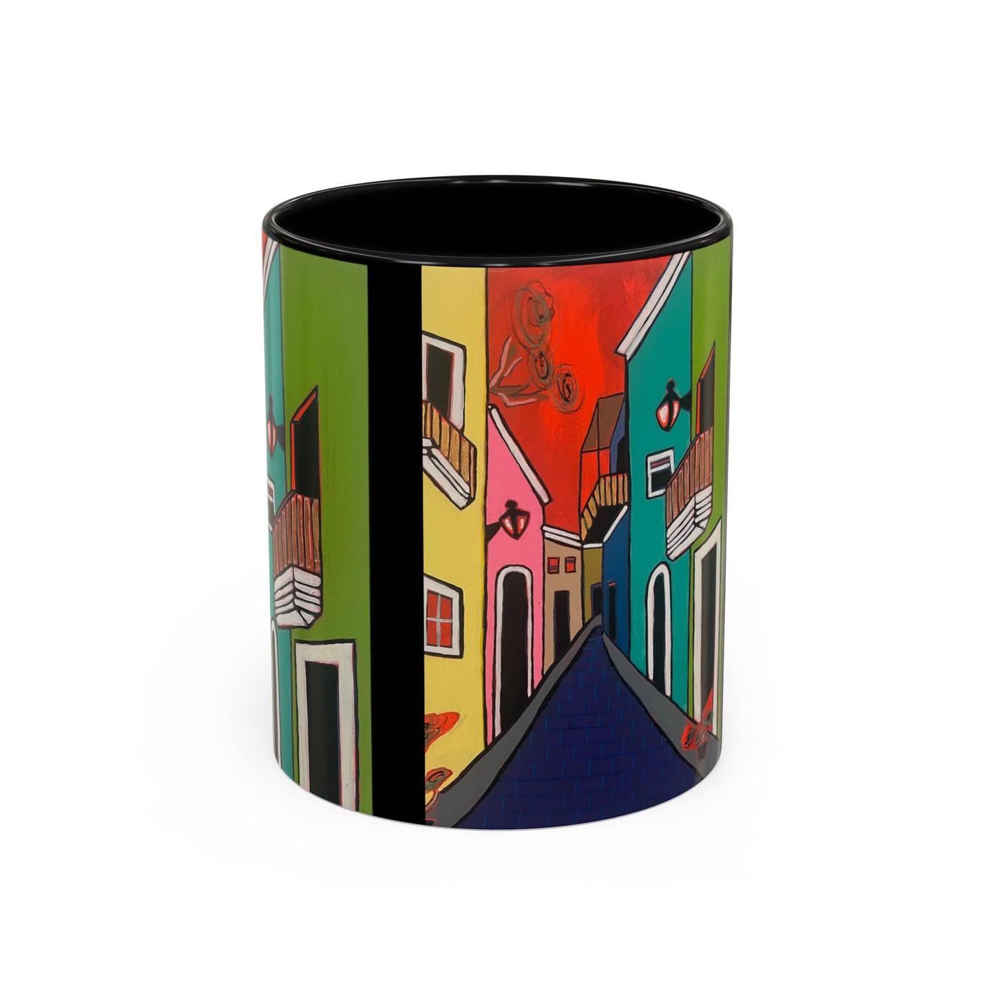 SAN SEBASTIAN.  Colorful Street Scene Accent Coffee Mug — Vibrant Urban Art Ceramic Mug (11/15oz)