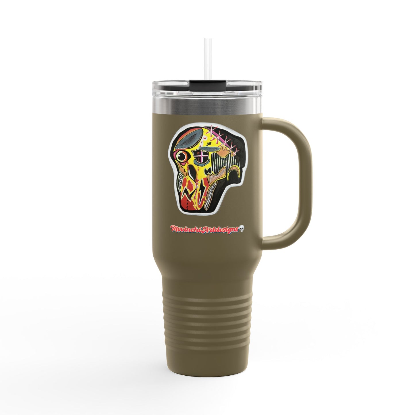 MOVINCHIARTDESIGNS.  40oz Insulated Travel Mug — Colorful Abstract Skull Design, Spill‑Resistant Tumbler