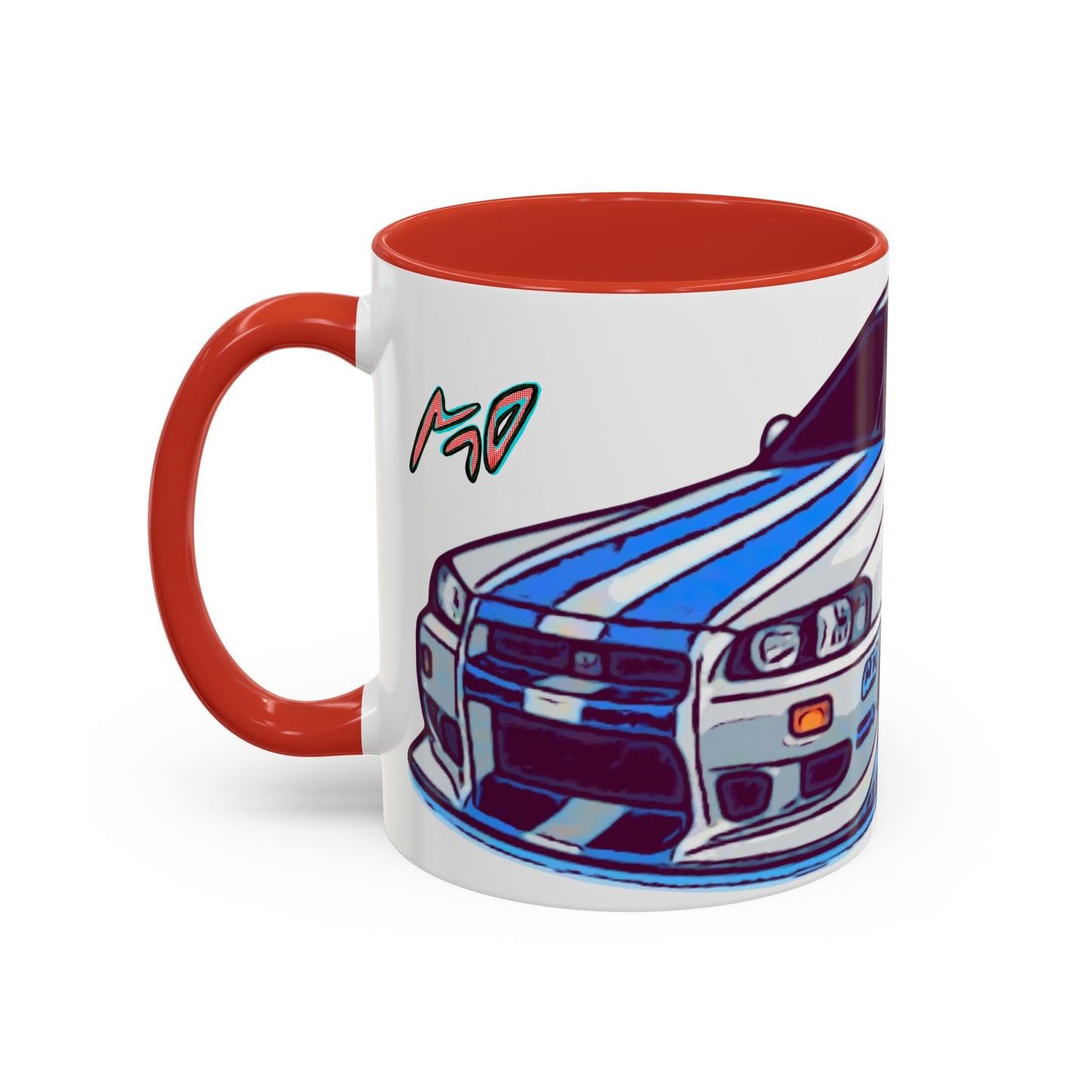 Racing Skyline Accent Coffee Mug — White & Blue Sports Car Illustration (11/15oz)