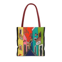 SAN SEBASTIAN.  Colorful Street Art Tote Bag – Vibrant Cityscape AOP Tote