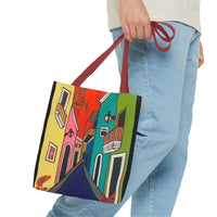 SAN SEBASTIAN.  Colorful Street Art Tote Bag – Vibrant Cityscape AOP Tote