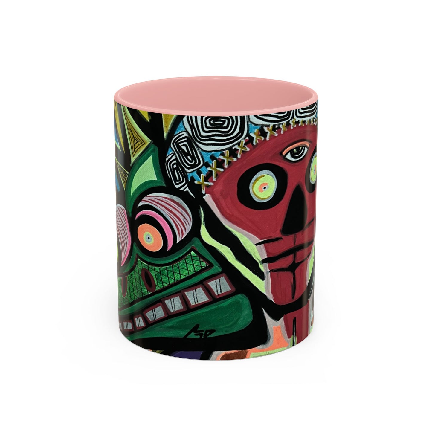 Abstract Day of the Dead Skull Accent Coffee Mug — Colorful Neon Skull Art (11/15oz)