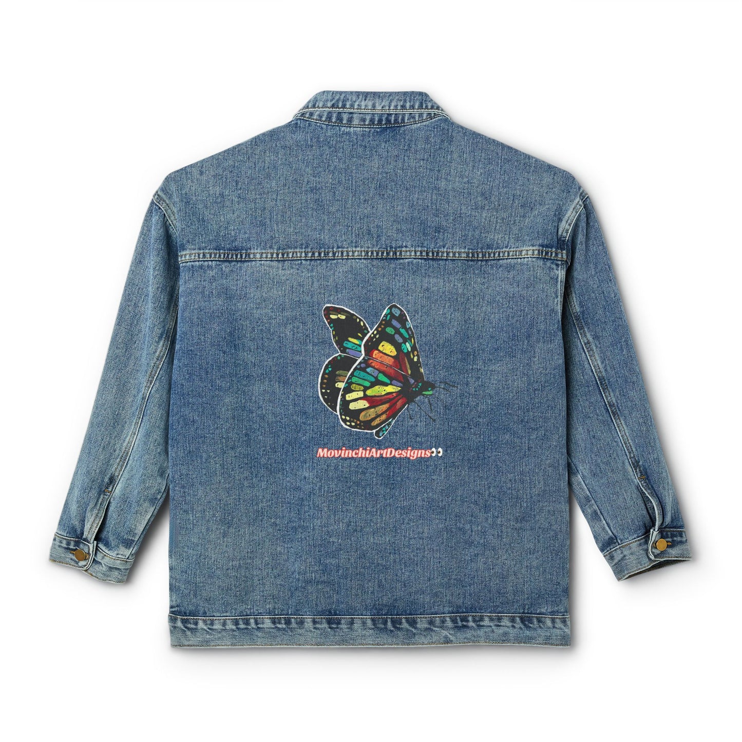 Women's Denim Jacket with Colorful Butterfly Back Print — Trendy Casual Outerwear