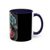 Colorful Neon OVERTHINKING  Skull Coffee Mug — Vibrant Abstract Day of the Dead Accent Mug