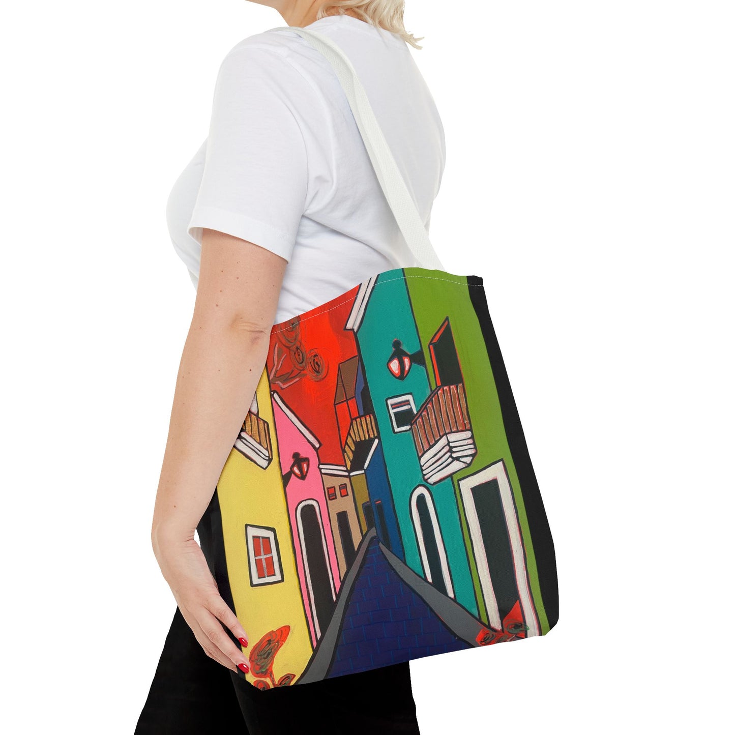 SAN SEBASTIAN.  Colorful Street Art Tote Bag – Vibrant Cityscape AOP Tote