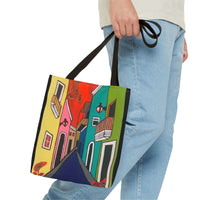 SAN SEBASTIAN.  Colorful Street Art Tote Bag – Vibrant Cityscape AOP Tote