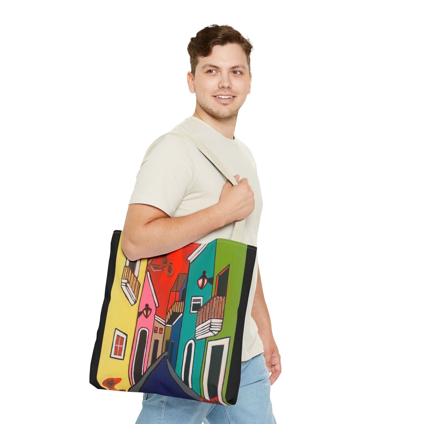 SAN SEBASTIAN.  Colorful Street Art Tote Bag – Vibrant Cityscape AOP Tote