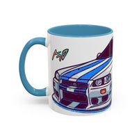 Racing Skyline Accent Coffee Mug — White & Blue Sports Car Illustration (11/15oz)