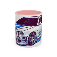 Racing Skyline Accent Coffee Mug — White & Blue Sports Car Illustration (11/15oz)