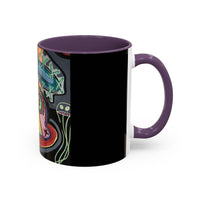Colorful Neon OVERTHINKING  Skull Coffee Mug — Vibrant Abstract Day of the Dead Accent Mug