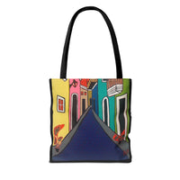 SAN SEBASTIAN.  Colorful Street Art Tote Bag – Vibrant Cityscape AOP Tote