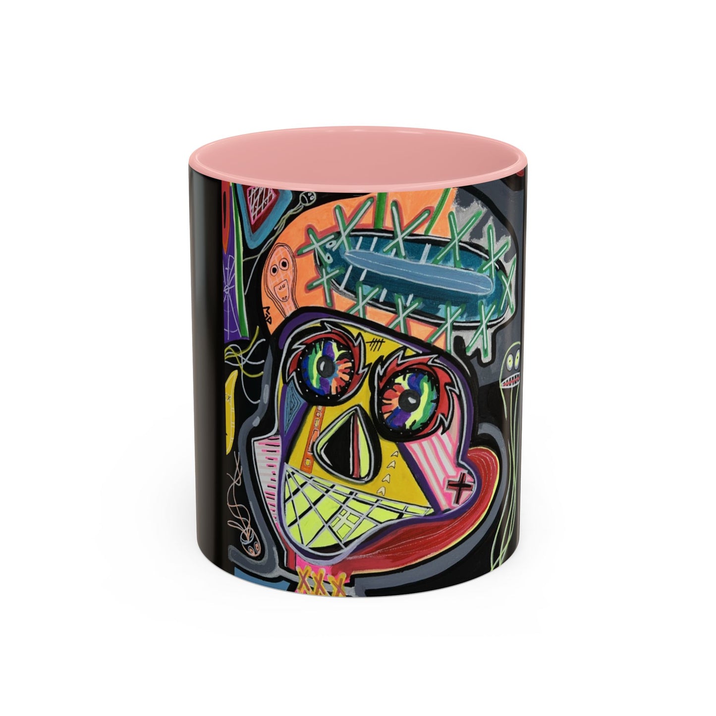 Colorful Neon OVERTHINKING  Skull Coffee Mug — Vibrant Abstract Day of the Dead Accent Mug