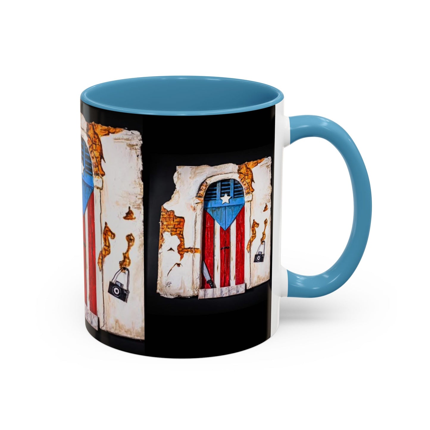 Puerto Rico Flag Door Accent Coffee Mug — Vintage Rustic Boricua Pride (11/15oz)