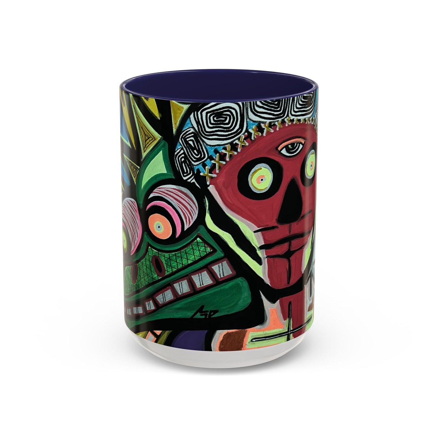 Abstract Day of the Dead Skull Accent Coffee Mug — Colorful Neon Skull Art (11/15oz)