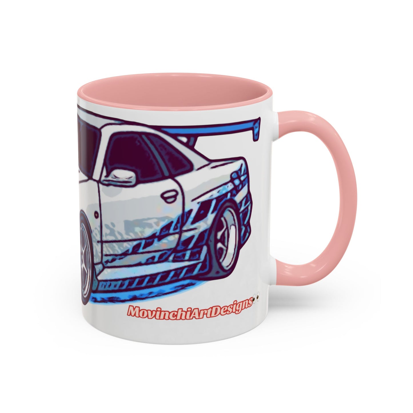 Racing Skyline Accent Coffee Mug — White & Blue Sports Car Illustration (11/15oz)