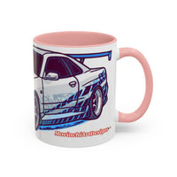 Racing Skyline Accent Coffee Mug — White & Blue Sports Car Illustration (11/15oz)