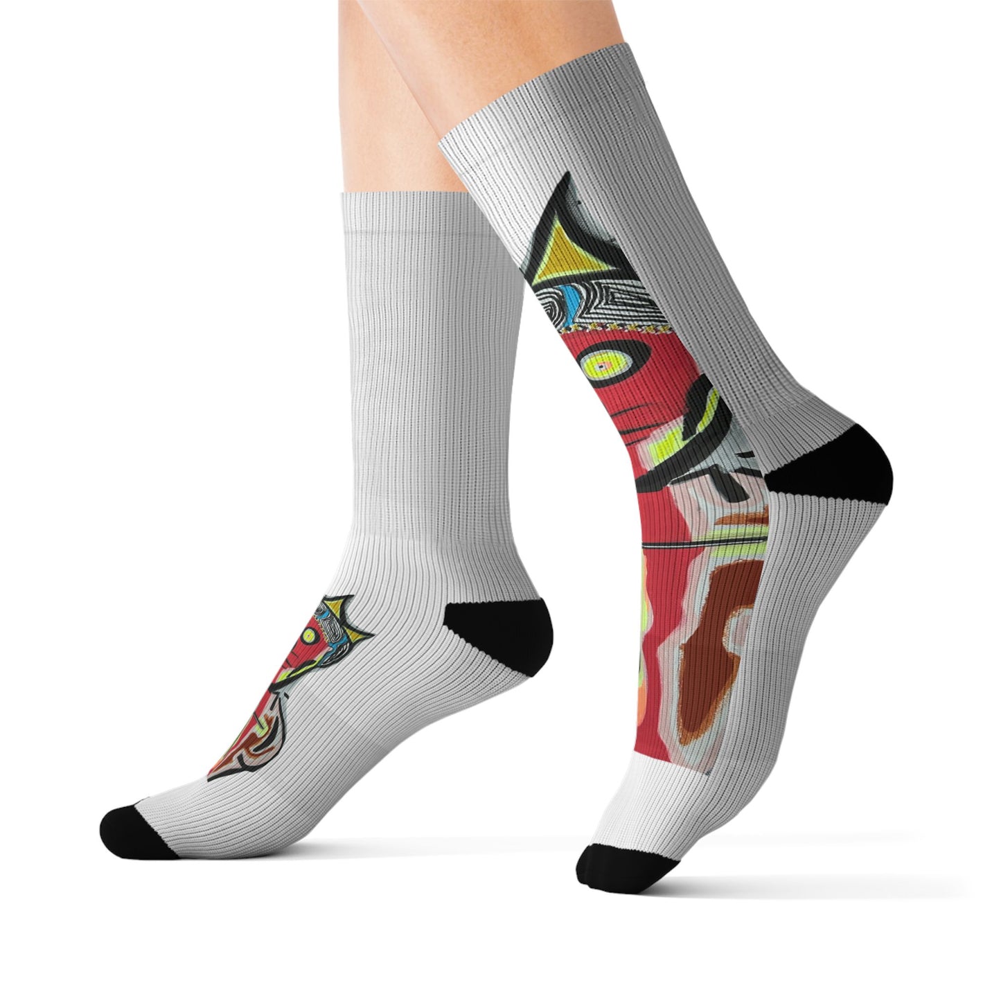 KING GRAY.  Colorful Abstract Mask Sublimation Socks - Funky Tribal Art Crew Socks