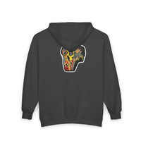 VINCENT.  Skull Graphic Zip Hoodie — Neon Retro Art Back Patch