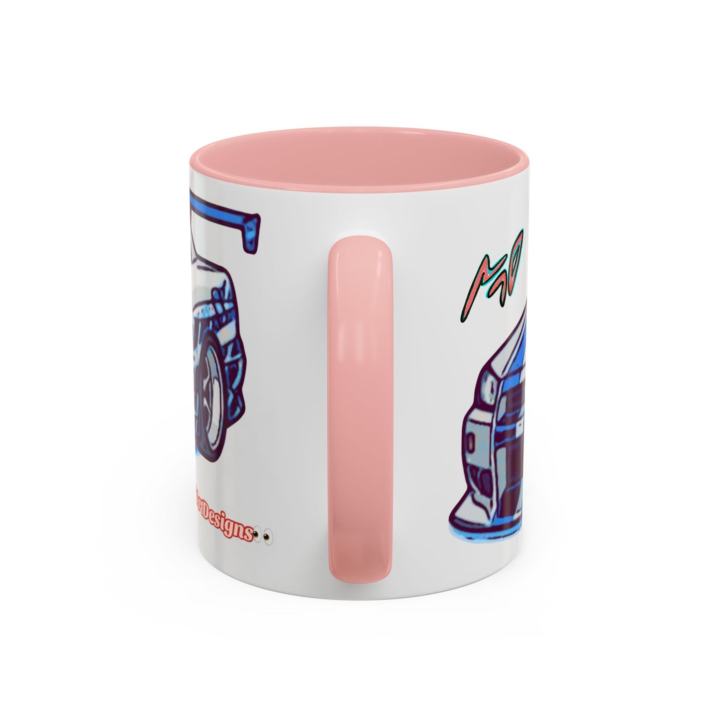 Racing Skyline Accent Coffee Mug — White & Blue Sports Car Illustration (11/15oz)