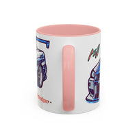 Racing Skyline Accent Coffee Mug — White & Blue Sports Car Illustration (11/15oz)
