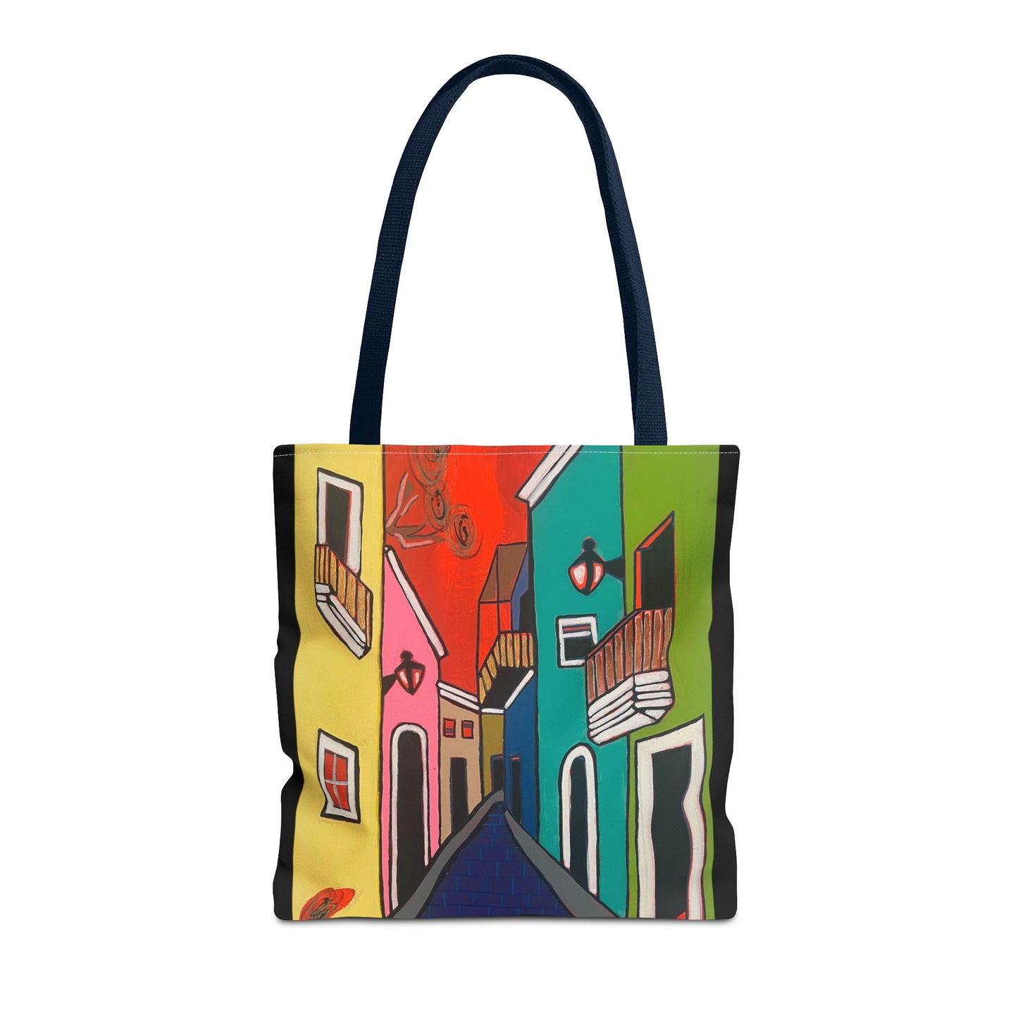 SAN SEBASTIAN.  Colorful Street Art Tote Bag – Vibrant Cityscape AOP Tote