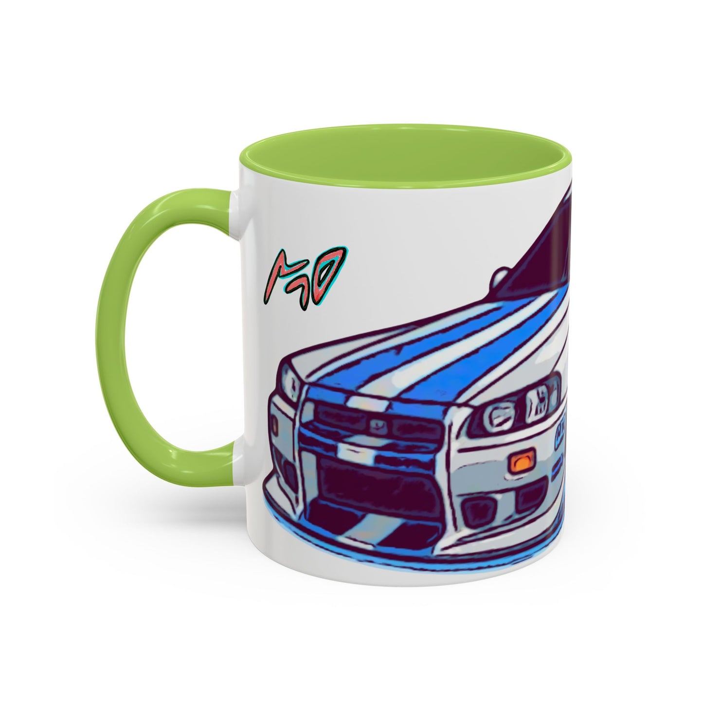 Racing Skyline Accent Coffee Mug — White & Blue Sports Car Illustration (11/15oz)