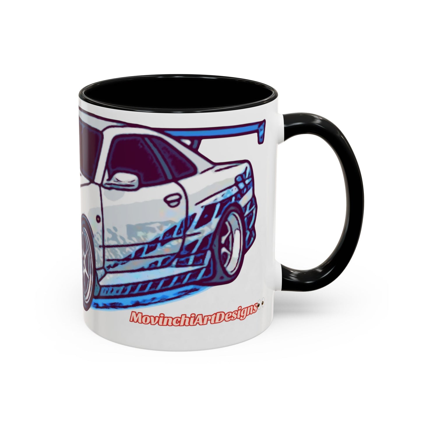 Racing Skyline Accent Coffee Mug — White & Blue Sports Car Illustration (11/15oz)