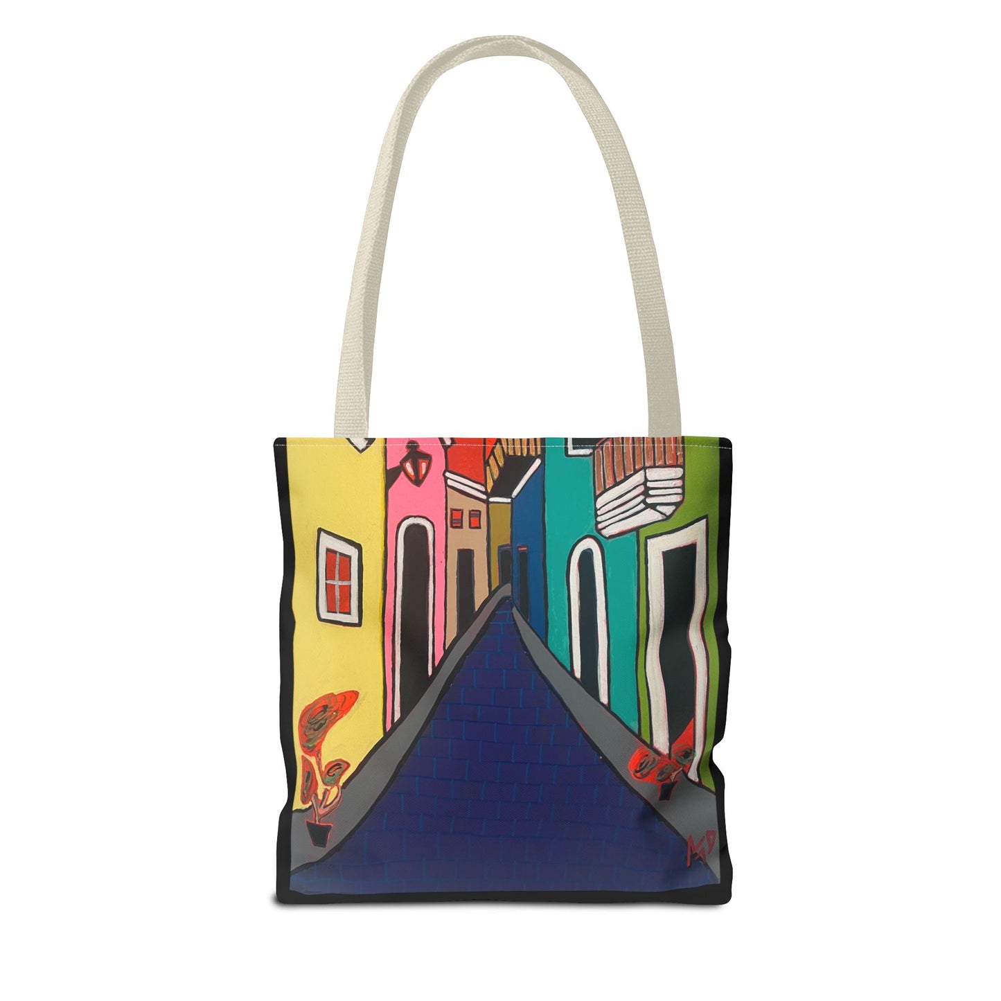 SAN SEBASTIAN.  Colorful Street Art Tote Bag – Vibrant Cityscape AOP Tote