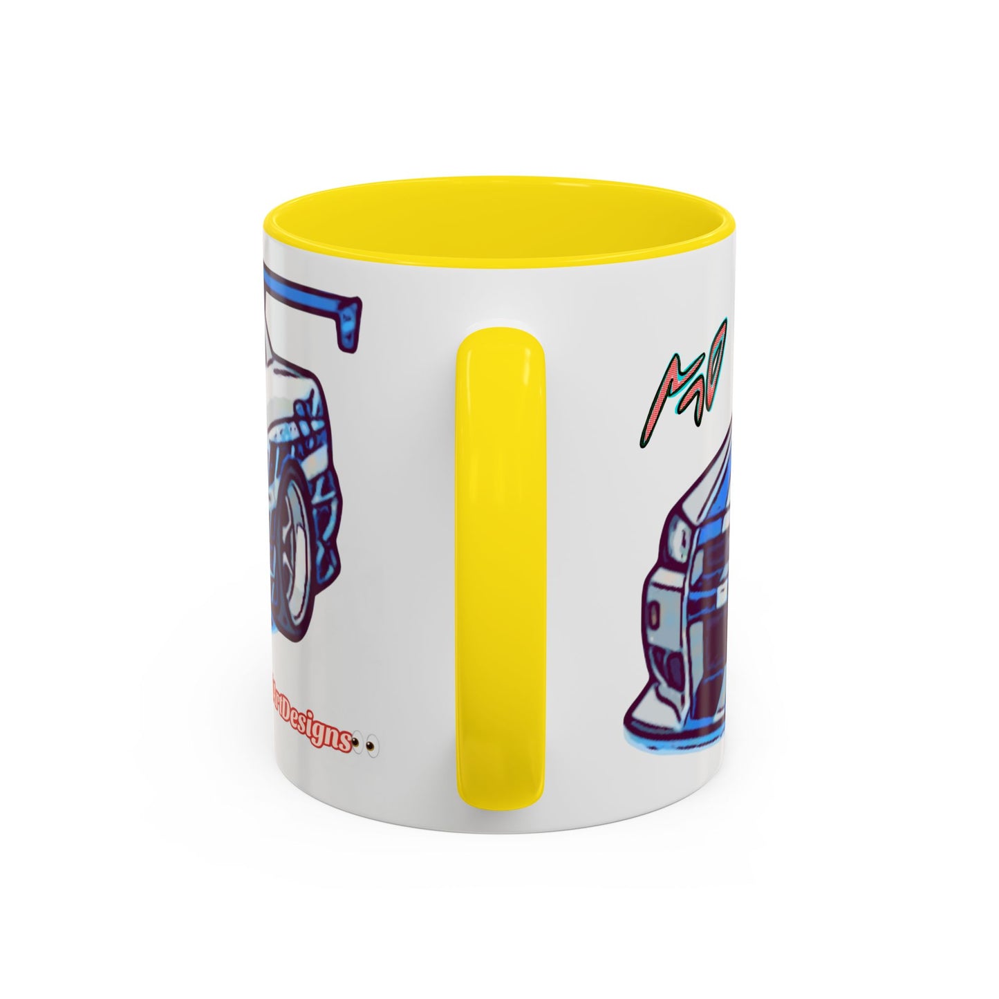 Racing Skyline Accent Coffee Mug — White & Blue Sports Car Illustration (11/15oz)