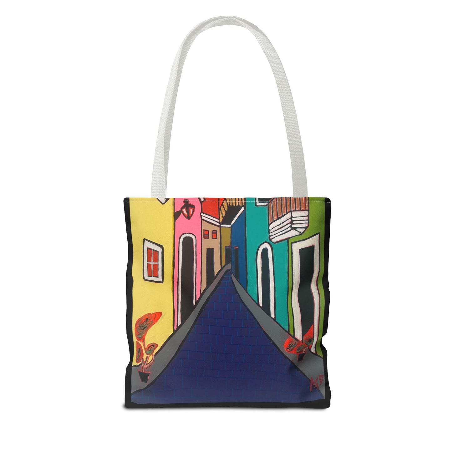 SAN SEBASTIAN.  Colorful Street Art Tote Bag – Vibrant Cityscape AOP Tote