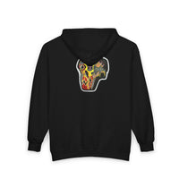 VINCENT.  Skull Graphic Zip Hoodie — Neon Retro Art Back Patch