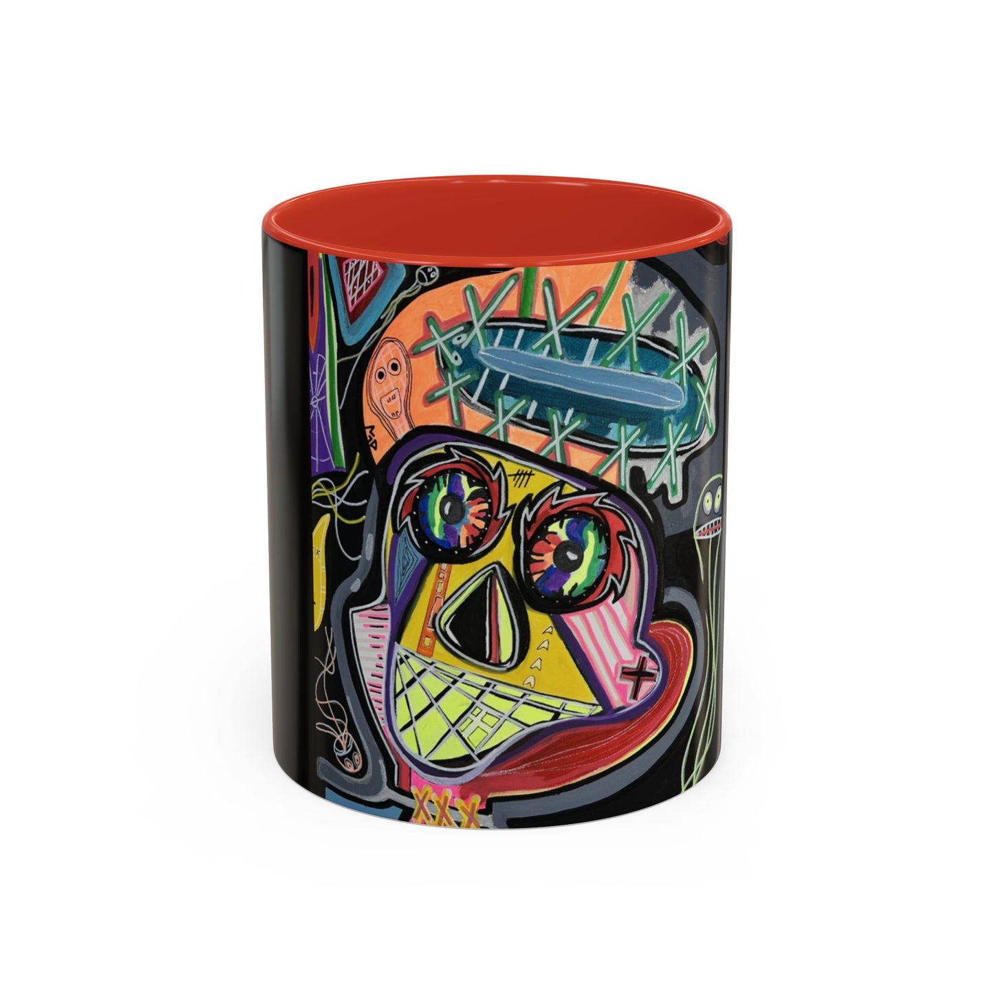 Colorful Neon OVERTHINKING  Skull Coffee Mug — Vibrant Abstract Day of the Dead Accent Mug