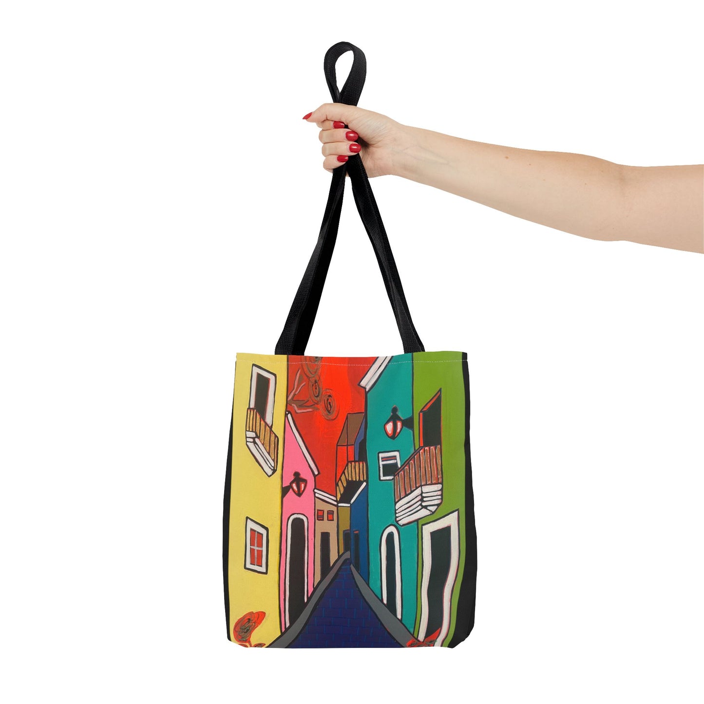 SAN SEBASTIAN.  Colorful Street Art Tote Bag – Vibrant Cityscape AOP Tote