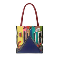 SAN SEBASTIAN.  Colorful Street Art Tote Bag – Vibrant Cityscape AOP Tote