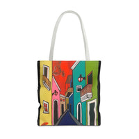 SAN SEBASTIAN.  Colorful Street Art Tote Bag – Vibrant Cityscape AOP Tote
