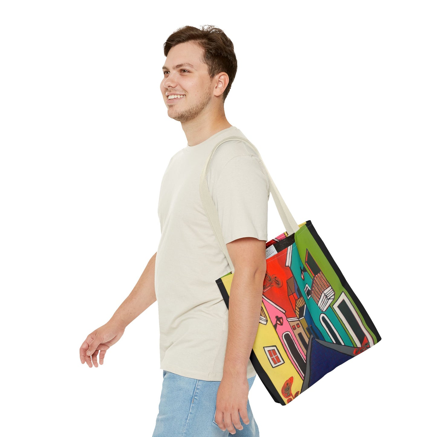 SAN SEBASTIAN.  Colorful Street Art Tote Bag – Vibrant Cityscape AOP Tote