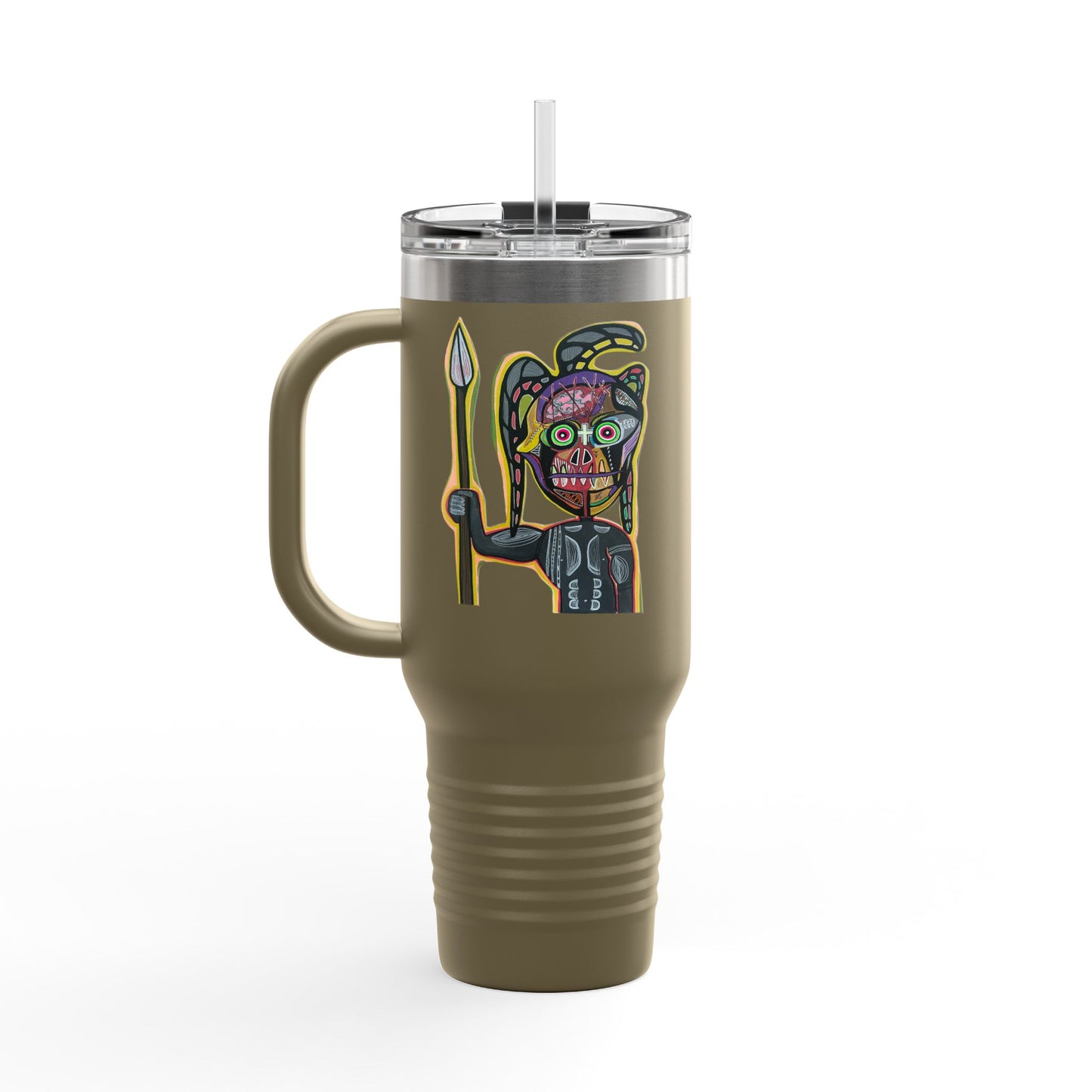 MOVINCHIARTDESIGNS.  40oz Insulated Travel Mug — Colorful Abstract Skull Design, Spill‑Resistant Tumbler